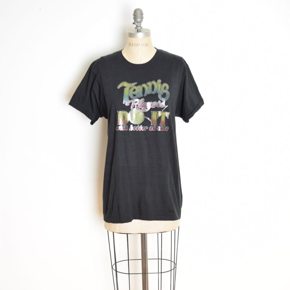 vintage 70s Roach tshirt tee black glitter print iron on TENNIS top shirt L 1978